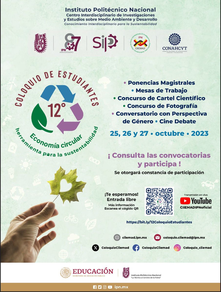 DI_voca7's tweet photo. ¡Te invitamos al 12vo Coloquio de Estudiantes del CIIEMAD-IPN! 

del 25 al 27 de octubre para discutir soluciones innovadoras y sostenibles. Regístrate hoy en https://t.co/ytjTY2Ug3C completamente gratis y sé parte de la conversación sobre un futuro más verde. ¡Te esperamos! https://t.co/KVGG57vUdi