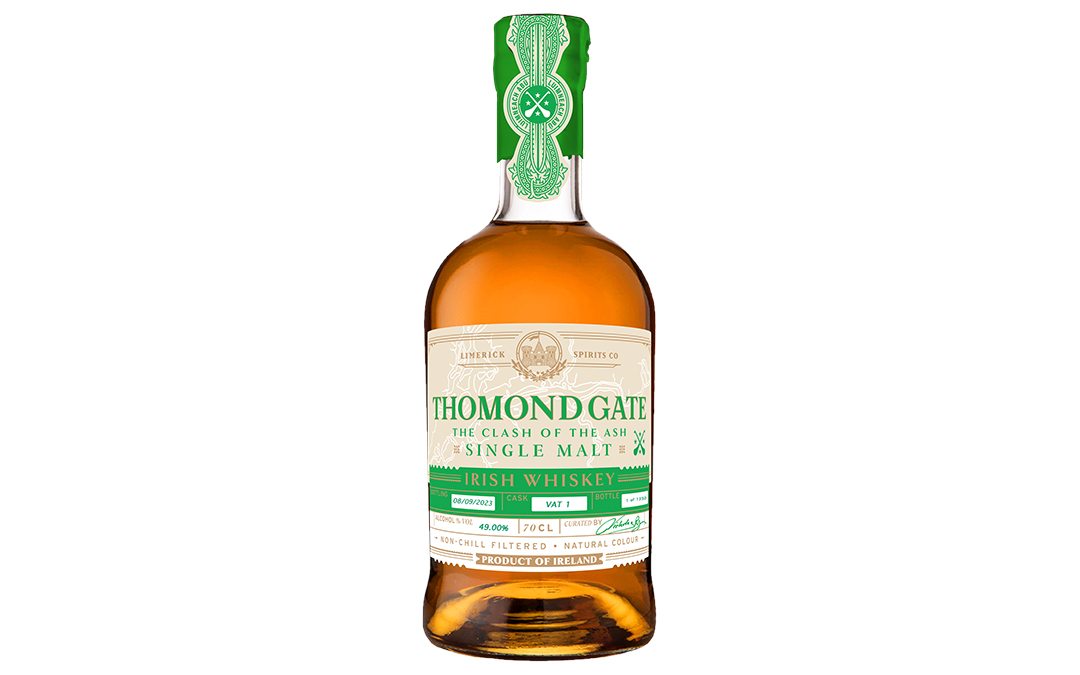 NEW RELEASE!

"The Clash of the Ash" from Thomond Gate Limerick Whiskey is a 6-year-old Single Malt Irish whiskey uniquely finished in both Stout and Amarone wine casks. The release is a tribute to Limerick's hurley success. 

Bottled at 49% ABV, Limited to 1,350 bottles, RRP