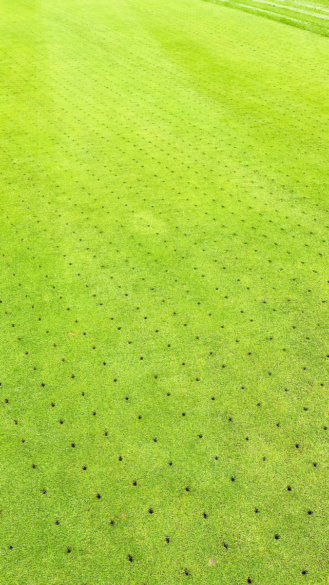 HarwoodGCGreens's tweet photo. The greens have been vertidrained using 18mm tines to a depth of 200mm, followed by a double cut. This process reduces compaction, improves airflow and water infiltration. Cutting ongoing across all areas of the course 🌱 https://t.co/B9r7XXl8eJ