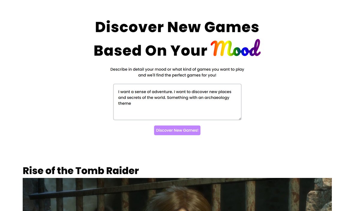 SunwooGames's tweet photo. Game suggestions based on your mood! 😢😃😠🥹 

I spent my sunday building a fun tool that suggests games based on your mood!

Describe in detail how you want to feel and what you want to do and it'll give you a list of games!

https://t.co/ZOEpkuLsjl https://t.co/GuYeFtVItL