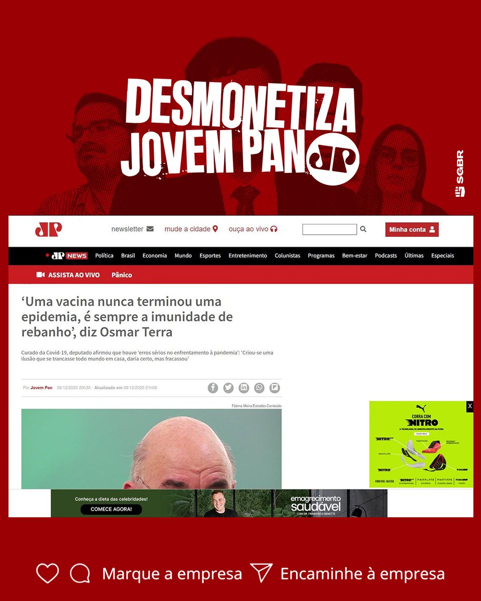 slpng_giants_pt's tweet image. 🐆 Olá @pumabrasil, tudo bem? Infelizmente, o @googlebrasil veiculou seu anúncio no site golpista da Jovem Pan, emissora investigada por propagar fake news. Sejam rápidos no combate as fake news. Pfv, #DesmonetizaJovemPan ✊🏽

Ajude a alertar a empresa nos comentários 👇🏽