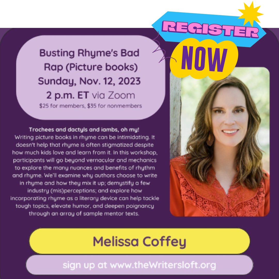 Hey, #picturebook #writers who revel in #rhyme, please join me Nov. 12 to 'Bust Rhyme's Bad Rap' via Zoom @writersloftma! Hope to see you there. Registration NOW LIVE: app.glueup.com/event/busting-…… #kidlit #writingcommunity #childrensbooks #writingworkshop #authorevent #rhyming