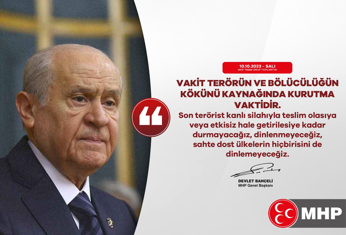 mhpbatmanilbsk's tweet photo. Vakit terörün ve bölücülüğün kökünü kaynağında kurutma vaktidir.
Son terörist kanlı silahıyla teslim olasıya veya etkisiz hale getirilesiye kadar durmayacağız, dinlenmeyeceğiz, sahte dost ülkelerin hiçbirisini de dinlemeyeceğiz.

MHP Genel Başkanı
Devlet BAHÇELİ https://t.co/SstVVF7PNu