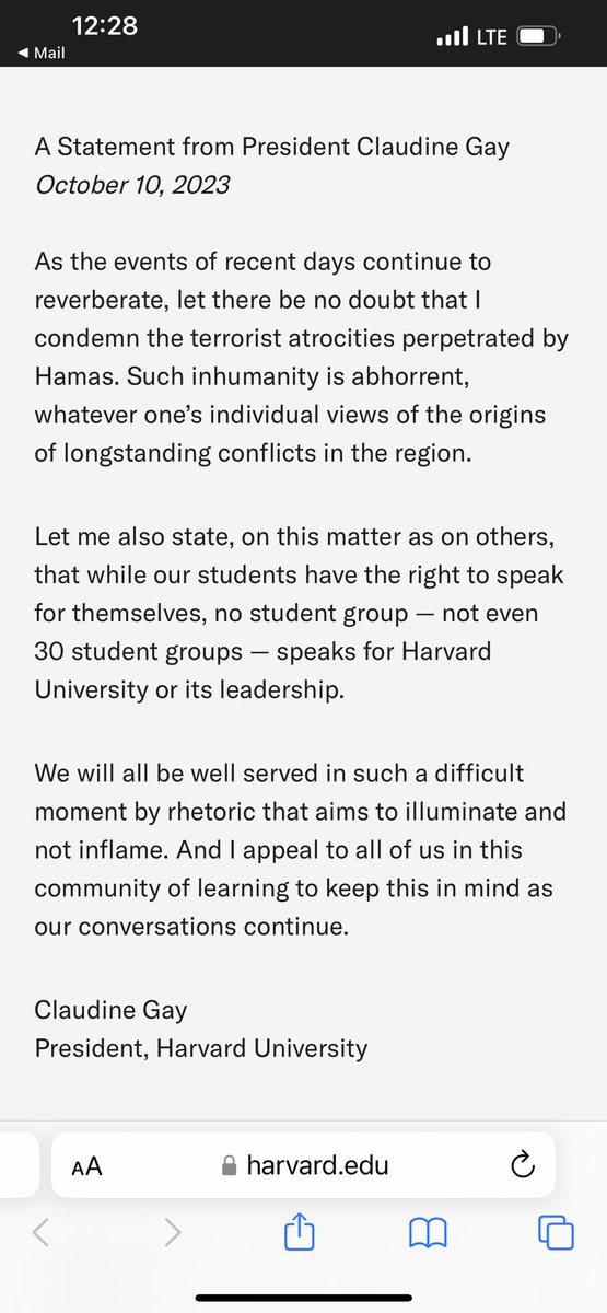 RabbiWolpe's tweet image. A statement from Harvard’s President, Claudine Gay:
