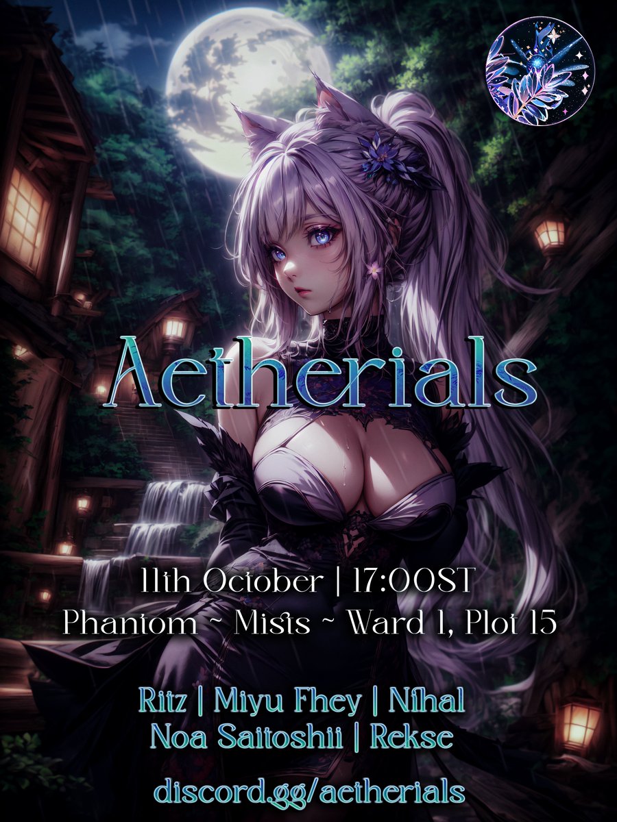 AetherialsFFXIV's tweet photo. ☄️Aetherials ☄️
🌕Moonlit Night🌕
Visit us this coming Wednesday {Oct. 11th}~     
Chaos | Phantom, Mists {Ward 1, Plot 15} 17:00 ST     Join us in our discord until then for more information: https://t.co/uE6LmFawHY https://t.co/69W0UDDOBt