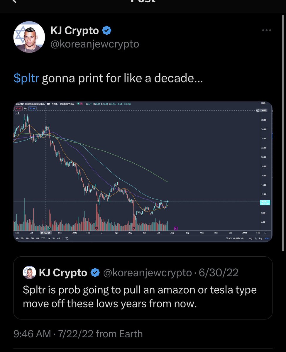koreanjewcrypto's tweet image. Told everybody I knew just to buy some $Pltr around 7$ as a hedge for dystopian future. Almost feels dirty owning this thing