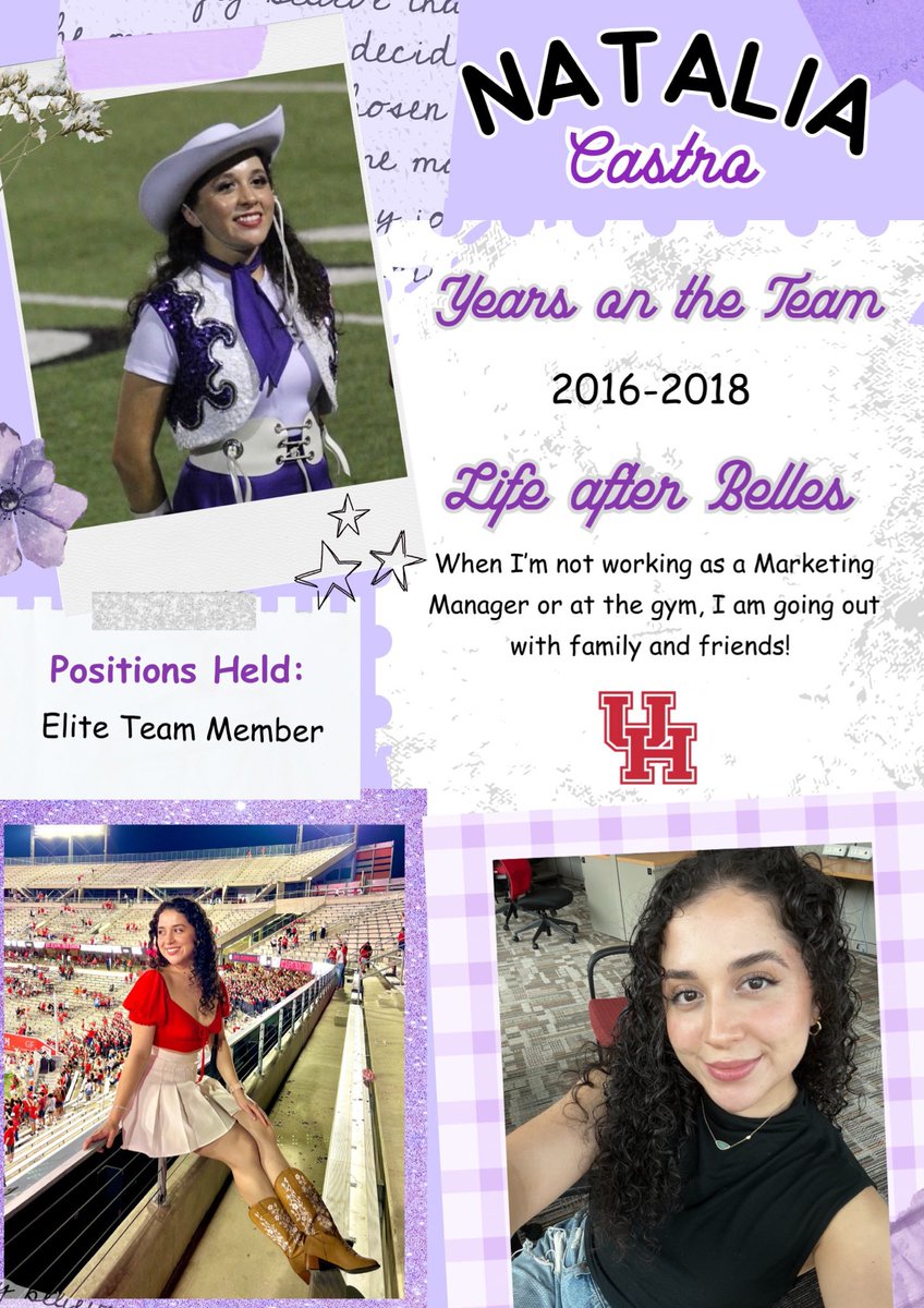 Meet our Belle Alumni, Natalia! She says her favorite Belle memory was “Spring Show 2018 and getting to perform at the Super Bowl LI Halftime Show, that is forever my fun fact.” 💜🔔