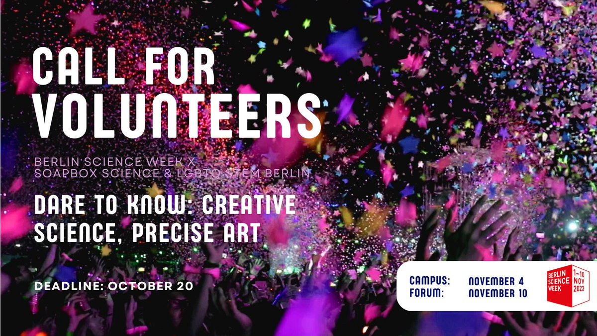 Love #science & want to be a part of something inspiring? We have several volunteer opportunities for you! 🎉 Us & @lgbtqstemberlin need your help to run these wonderful @BerlinSciWeek events and promote #WomenInSTEM & LGBTQ+ people in #research berlinsoapboxscience.wordpress.com/2023/10/09/cal…