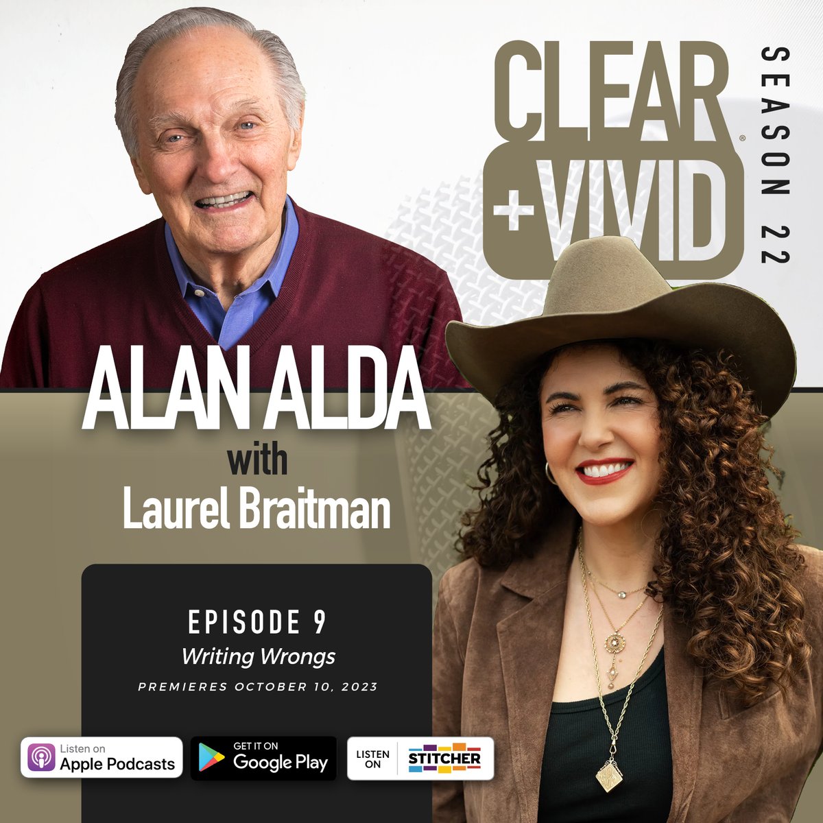 alda's tweet photo. It's PODCAST DAY! 
@AlanAlda chats with author, @LaurelBraitman! 

She helps doctors to level with colleagues and patients through storytelling when things go wrong.
👉 https://t.co/Ae3EIvjWF2

After production costs, all proceeds of Clear+Vivid go to The @AldaCenter. 🗣️💙 https://t.co/SzlMriSDFW