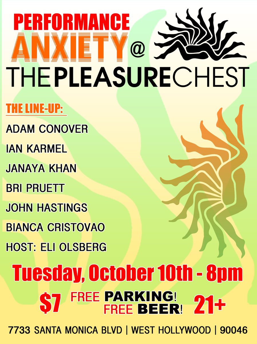Performance Anxiety (@performanxiety) on Twitter photo TONIGHT!! Come to <a href="/PleasureChestLA/">The Pleasure Chest</a> 8pm! <a href="/adamconover/">Adam Conover</a> <a href="/IanKarmel/">ian karmel</a> <a href="/janaya_khan/">janayathefuture</a> <a href="/bripruett/">bripruett on Threads</a> <a href="/thejohnhastings/">john โbuttfaceโ hastings</a> <a href="/Biancacristovao/">Bianca Cristovao</a> <a href="/EliOlsberg/">Eli Olsberg</a> free beer, free parking, and 15% off any in-store purchases!! Get tix here: thepleasurechest.com/performance-anโฆ TONIGHT!! Come to <a href="/PleasureChestLA/">The Pleasure Chest</a> 8pm! <a href="/adamconover/">Adam Conover</a> <a href="/IanKarmel/">ian karmel</a> <a href="/janaya_khan/">janayathefuture</a> <a href="/bripruett/">bripruett on Threads</a> <a href="/thejohnhastings/">john โbuttfaceโ hastings</a> <a href="/Biancacristovao/">Bianca Cristovao</a> <a href="/EliOlsberg/">Eli Olsberg</a> free beer, free parking, and 15% off any in-store purchases!! Get tix here: thepleasurechest.com/performance-anโฆ