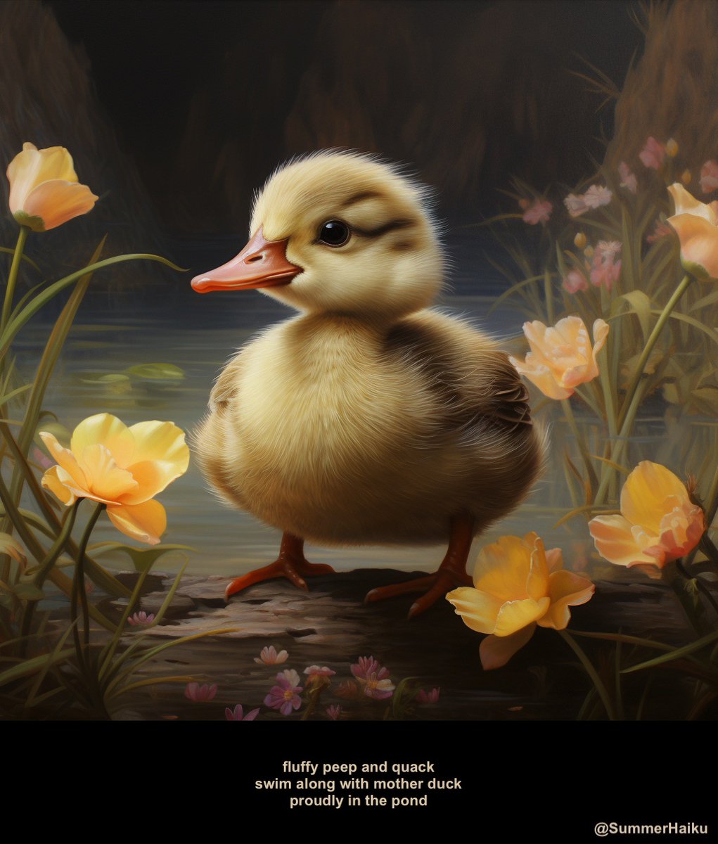 SummerHaiku's tweet photo. fluffy peep and quack 
swim along with mother duck
proudly in the pond

#Fall2023 #Haiku #AutumnHues #Yellow #Duckling https://t.co/7ZzaEZOvB5
