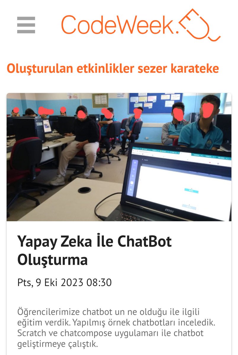kale_ybo's tweet image. Yapay zeka ile ChatBot geliştirme etkinliğinde; BT öğretmenimiz @SezerrK öğrencilerimize Chatbot örneklerini anlattı. ChatBot geliştirmeye çalıştılar.
#Codeweek2023 🌐
@denizlimem
@ArgeDenizli
#YapayZeka 🤖
@tcmeb
@emre_caliskan
@YTEMEL3
@CodeWeekEU
@CodeweekTurkiye
@kalemem20