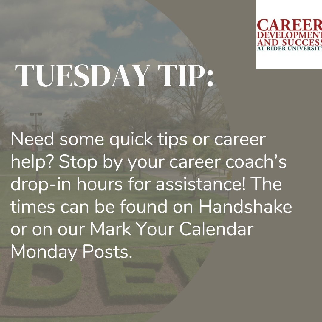 Hi Broncs! This week's Tuesday Tip is to utilize your career coach's drop-in hours. They're here to help, so drop in and talk to them if you need any assistance!