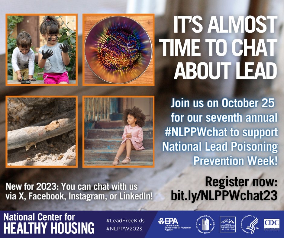 NCHH's tweet image. Our annual #NLPPWchat returns on Wednesday, October 25! This chat gets bigger &amp;amp; better every year, and 2023 will be our biggest yet. Join us for insight, inspiration, and resources in support of #NLPPW2023!

RSVP: bit.ly/NLPPWchat23

@HUDHealthyHomes @EPA @CDCEnvironment