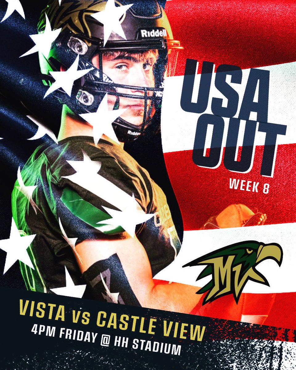 🏈🦅🇺🇸 Let’s keep it rolling Golden Eagles! PACK THE SEATS and USA OUT Friday, 4pm at Halftime Help Stadium for Vista vs Castle View! 🔴⚪️🔵 👉 Tickets available at GoFan #ALLIN #GOVISTA #vistafootball23 #vistanation @vista_now @mvhs_gridiron @mvunit @mvupdates @mvistaathletics