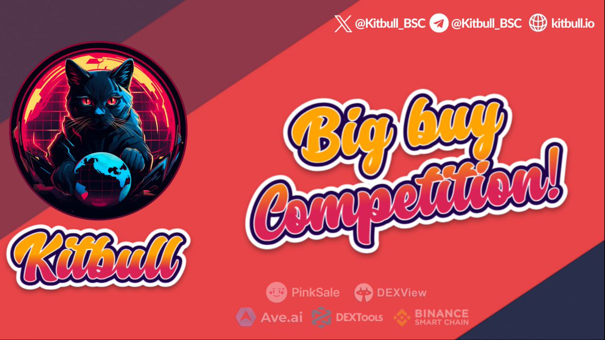 🤖 Biggest Buy Competition Started

⏳ Ends in 29 hours 45 min
✅ Minimum Buy 0.10 BNB
🔶 Winning Prize 10 BNB (2nd 3 BNB, 3rd 2 BNB)
💎 Winner must hold at least 24 hours

🔥Buy at:
pancakeswap.finance/swap?outputCur…

#biggestbuy #competition #kitbull #trend #bnb #bsc #moon