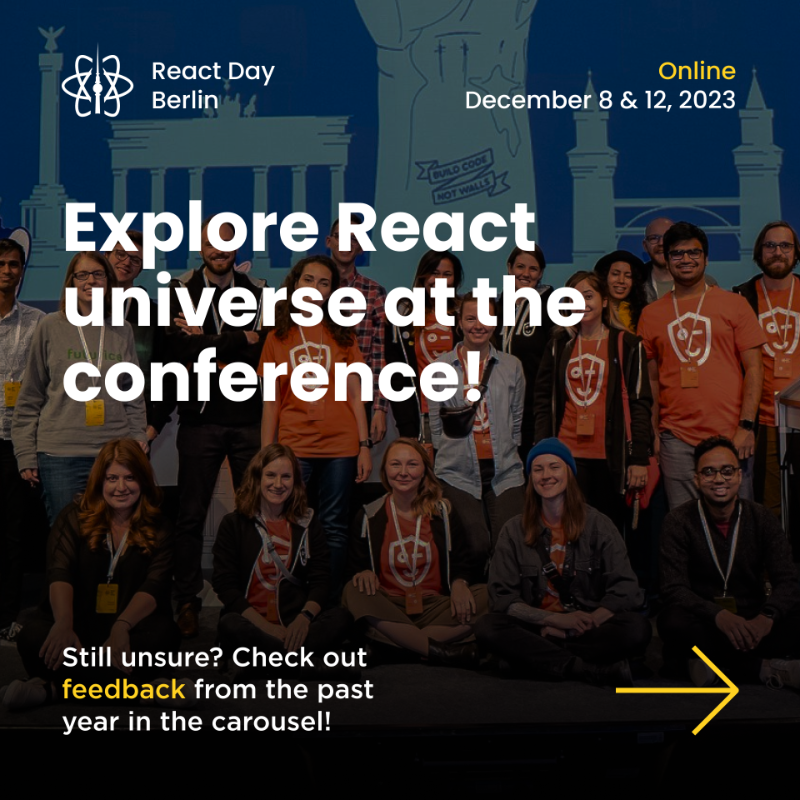 reactdayberlin's tweet photo. React Day Berlin is happening on December 8 &amp; 12!

🔥 50+ talks from authors &amp; core teams
🎄 Berlin Christmas atmosphere
🚀 10+ workshops
🎉 Afterparty with a React taste

Check out the feedback from past year and join us: https://t.co/h3pCs4Iuxo