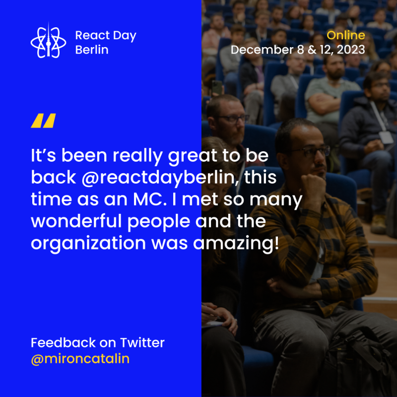 reactdayberlin's tweet photo. React Day Berlin is happening on December 8 &amp; 12!

🔥 50+ talks from authors &amp; core teams
🎄 Berlin Christmas atmosphere
🚀 10+ workshops
🎉 Afterparty with a React taste

Check out the feedback from past year and join us: https://t.co/h3pCs4Iuxo