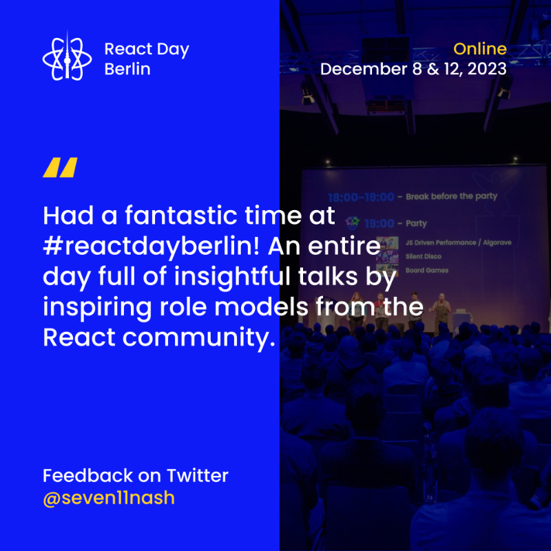 reactdayberlin's tweet photo. React Day Berlin is happening on December 8 &amp; 12!

🔥 50+ talks from authors &amp; core teams
🎄 Berlin Christmas atmosphere
🚀 10+ workshops
🎉 Afterparty with a React taste

Check out the feedback from past year and join us: https://t.co/h3pCs4Iuxo
