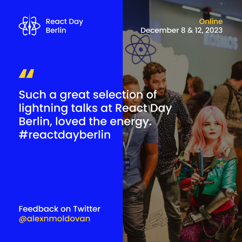 reactdayberlin's tweet photo. React Day Berlin is happening on December 8 &amp; 12!

🔥 50+ talks from authors &amp; core teams
🎄 Berlin Christmas atmosphere
🚀 10+ workshops
🎉 Afterparty with a React taste

Check out the feedback from past year and join us: https://t.co/h3pCs4Iuxo