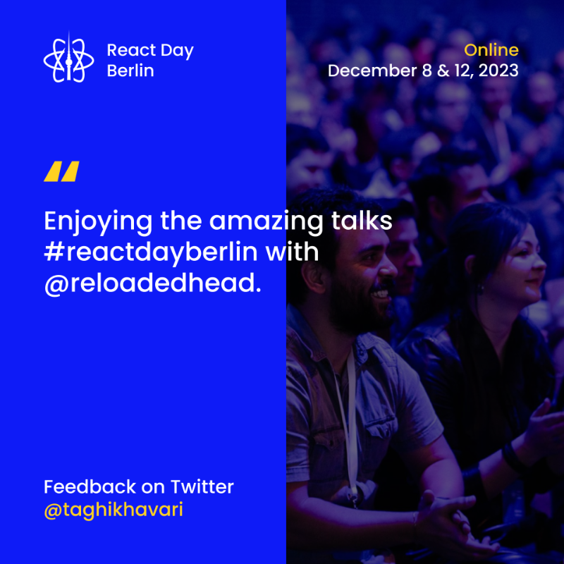reactdayberlin's tweet photo. React Day Berlin is happening on December 8 &amp; 12!

🔥 50+ talks from authors &amp; core teams
🎄 Berlin Christmas atmosphere
🚀 10+ workshops
🎉 Afterparty with a React taste

Check out the feedback from past year and join us: https://t.co/h3pCs4Iuxo