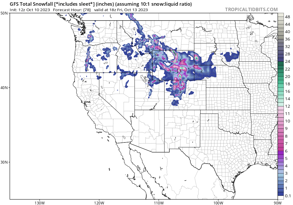 Diamondthedave's tweet photo. Total snowfall through Friday Oct, 13th. #WeatherForecast #GFSModel https://t.co/iUTZlY6pJr