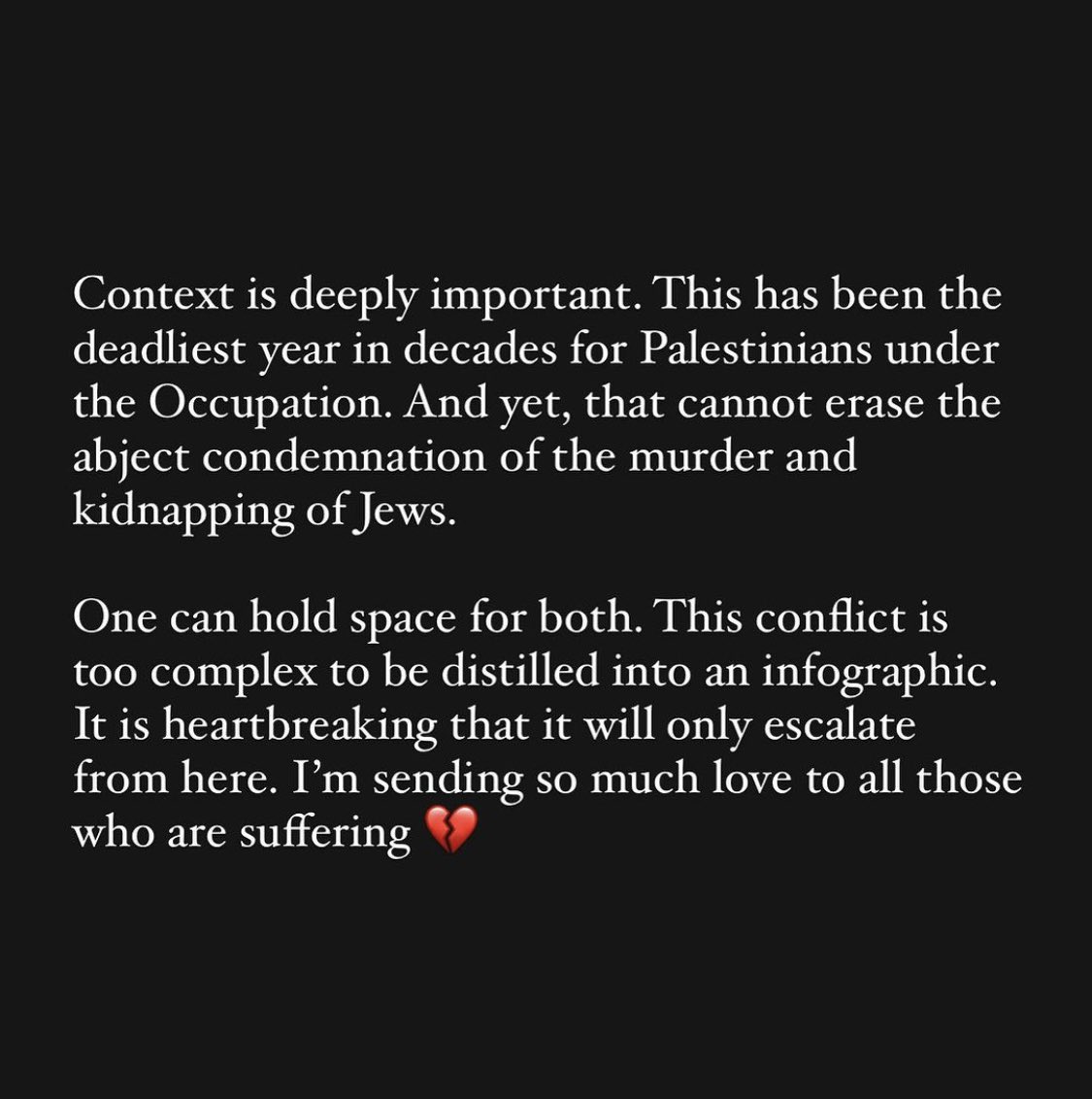 nickhedley's tweet photo. It’s hard to find sober and balanced takes on what’s going on in the Middle East. This one, by actress Zoe Lister-Jones, seems one of the few to me. https://t.co/N6pLCmg7lX