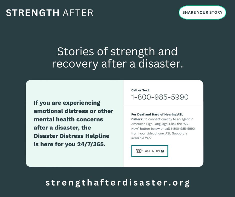 distressline's tweet photo. #WorldMentalHealthDay offers an opportunity to share your personal journey of strength and recovery after facing a disaster. By doing so, you can inspire and support others throughout their own recovery. Explore #StrengthAfter today: https://t.co/DRBmRfCzBf. https://t.co/tub5cvD4jX