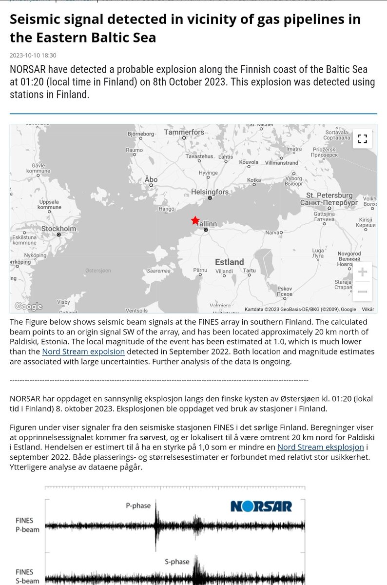 The_Lookout_N's tweet photo. Norwegian independent seismic monitoring foundation NORSAR:

"NORSAR have detected a probable explosion along the Finnish coast of the Baltic Sea at 01:20 (local time in Finland) on 8th October 2023. This explosion was detected using stations in Finland." https://t.co/OzvjVkYV1k