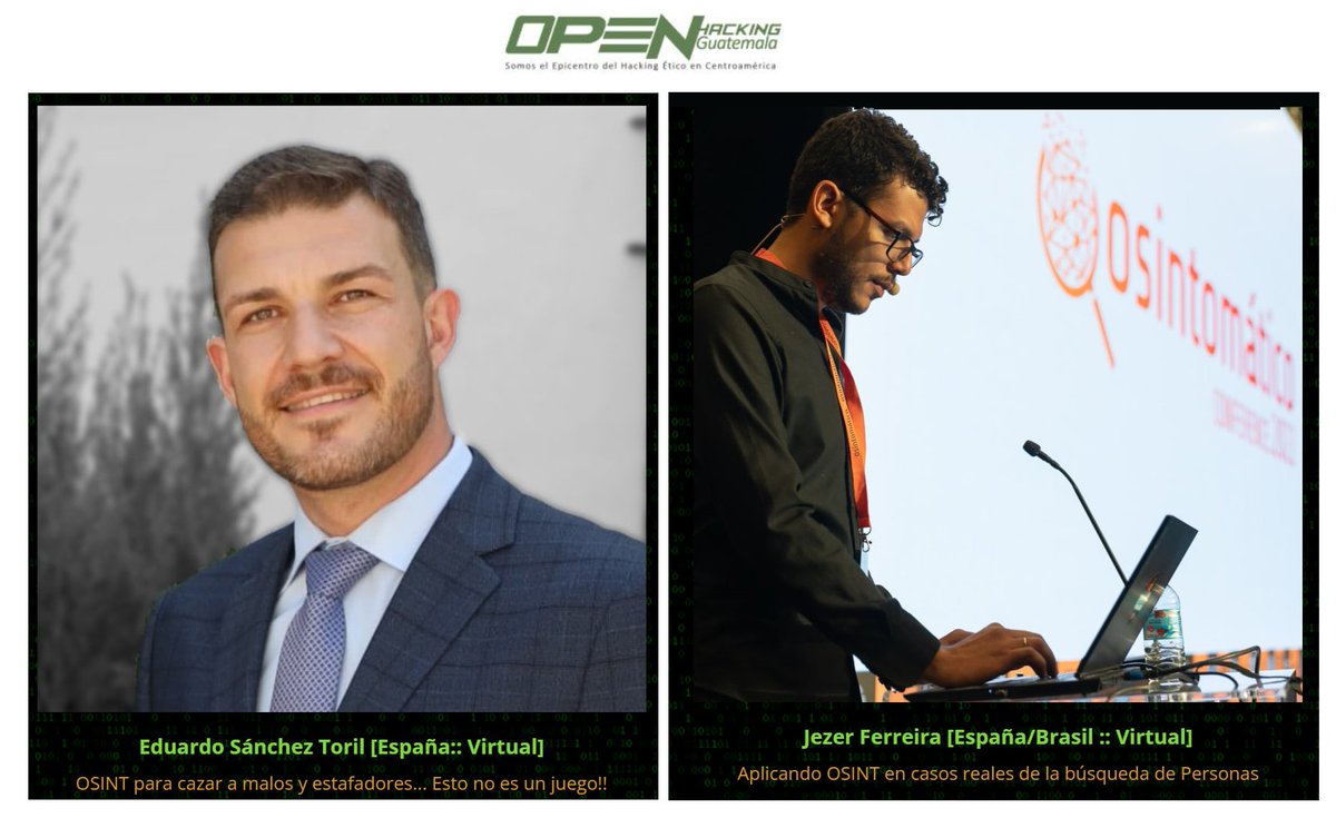 eduSatoe's tweet photo. Mañana miércoles 11 y el próximo viernes 13 en #OpenHacking #Guatemala hablamos de #OSINT en mayúsculas con mi querido amigo @JezerFerreira y un servidor. 
No te lo pierdas !! #ciberseguridad #cibreinteligencia 💪🕵️ https://t.co/7ZVkhGDDPG @jrleonett https://t.co/KGI0aYVsRQ