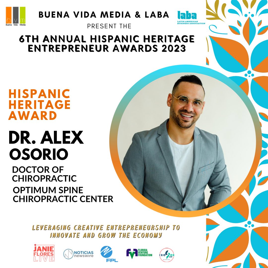 🏵️  <a href="/BuenaVidaMedia/">BuenaVida Media</a> and <a href="/LABA_INFO/">LABA USA</a> present the 6th Annual Hispanic Heritage Entrepreneur Awards

Hispanic Entrepreneur Award: Dr. Alex Osorio, Doctor of Chiropractic, Optimum Spine Chiropractic Center

#HispanicHeritageMonth #HispanicEntrepreneur