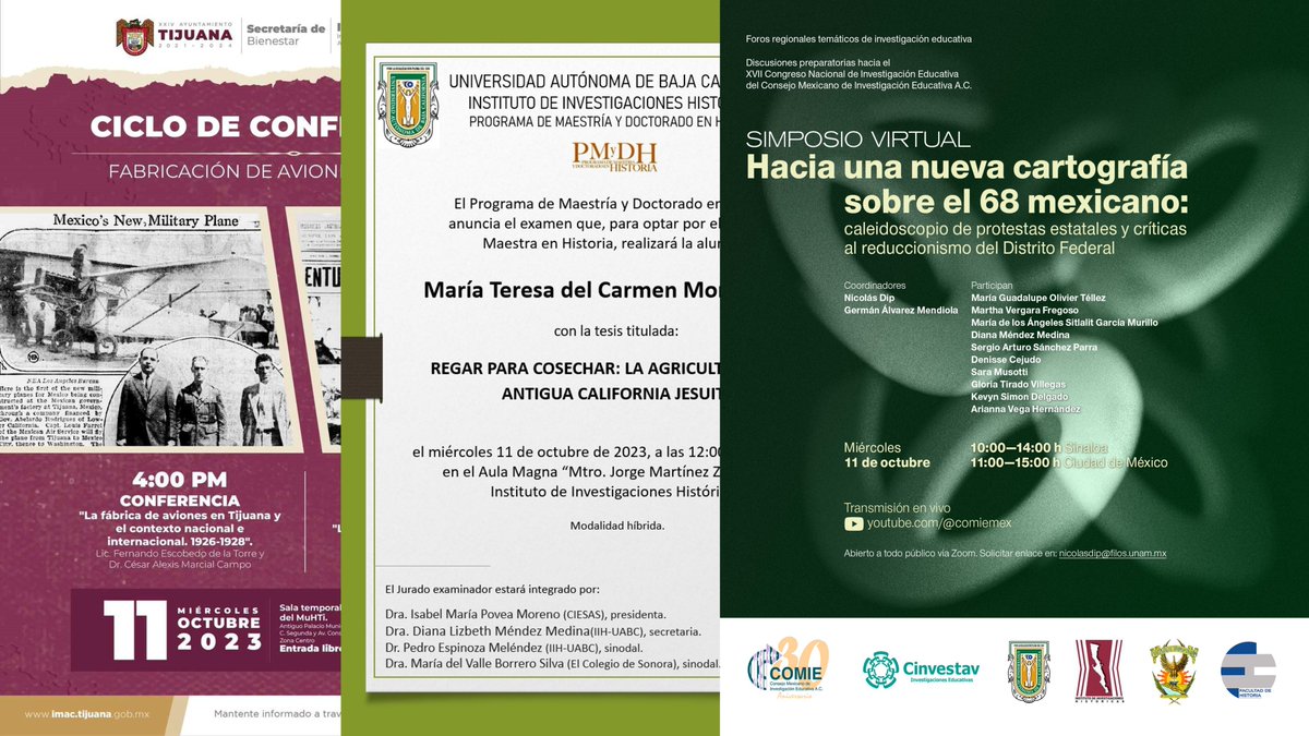 HISTORICAS_UABC's tweet photo. ¡Cordialmente invitados!
Este Miércoles 11 de septiembre no te pierdas las actividades del IIH-UABC.
#Conferencia #examendemaestría #PMDH #SimposioVirtual
Ingresa al sitio oficial para mayor información. 
https://t.co/2sm9J4Epu7 https://t.co/GHUYZ1cnvD