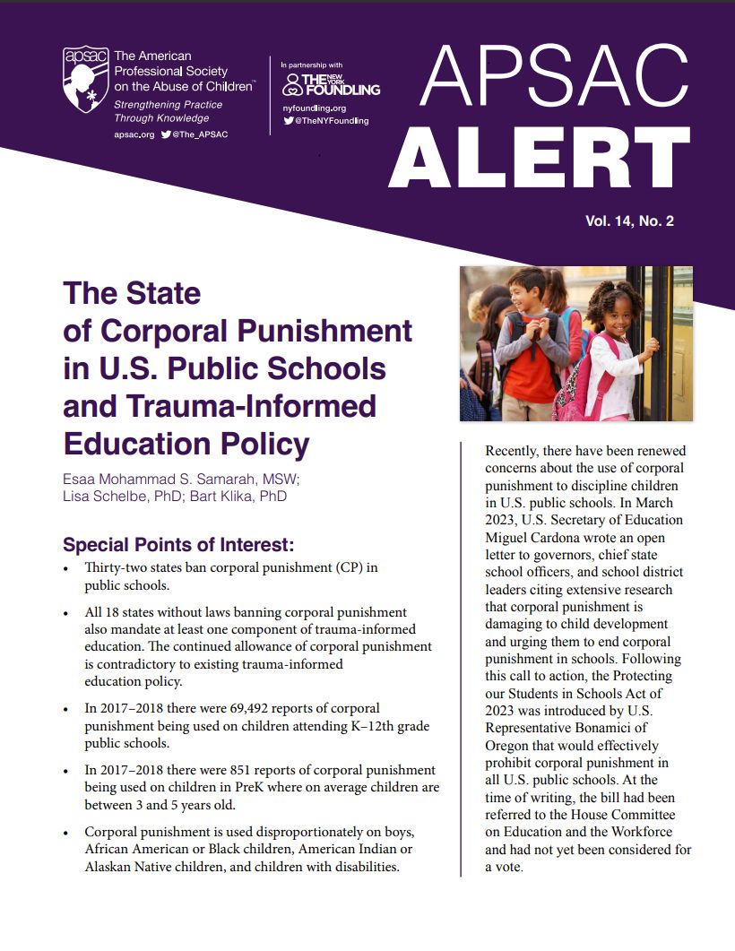 The_APSAC's tweet photo. 🚨APSAC announces the new APSAC Alert:
The State of Corporal Punishment in U.S. Public Schools and Trauma-Informed Education Policy
Read it here ⬇️
https://t.co/UlYfWfRBzq
#APSAC #Education #CorporalPunishment #strengtheningpracticethroughknowledge #thenyfoundling #APSACAlert https://t.co/z2vHai6ecX