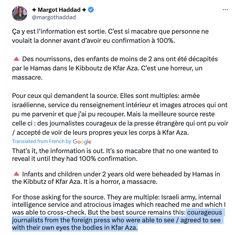 MattGertz's tweet photo. French journalist confirms Hamas terrorists beheaded babies at Kfar Aza, sourcing includes "courageous journalists from the foreign press who were able to see / agreed to see with their own eyes the bodies." https://t.co/rZ6nqLmcZh https://t.co/vJ9TTP5bbW