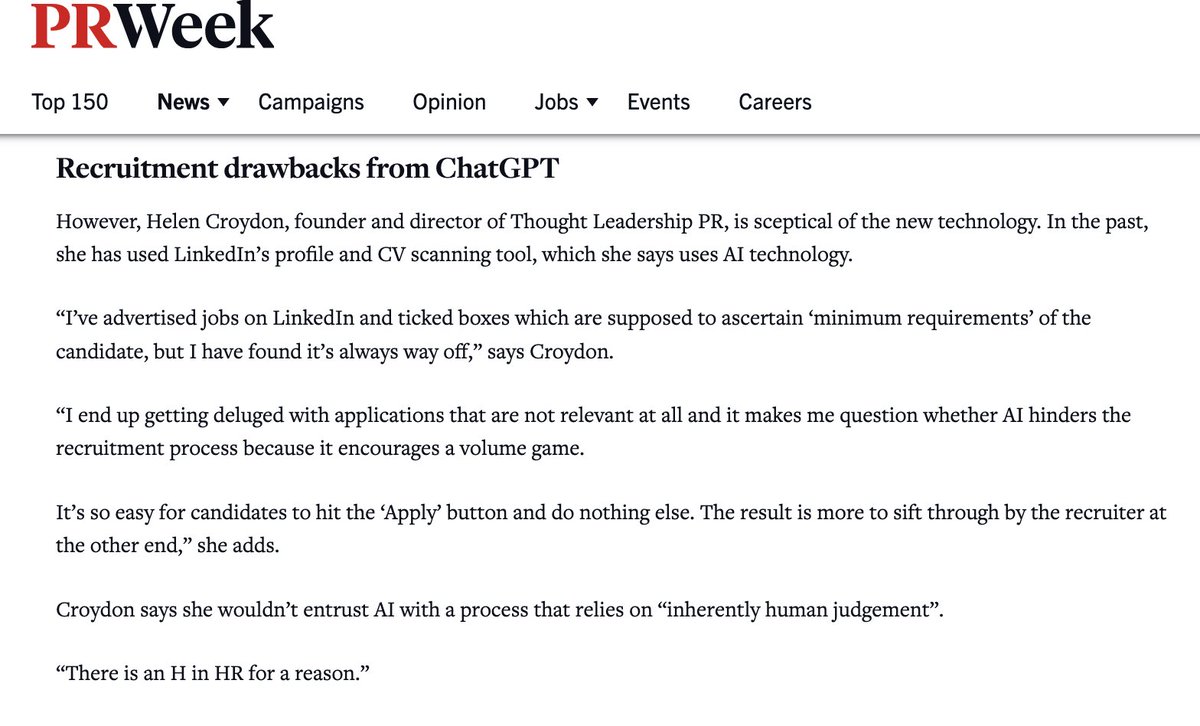 Would you, or do you, entrust AI for recruitment? Our founder spoke to <a href="/prweekuknews/">PRWeek UK</a>  recently about the use of AI in recruitment.
Several PR professionals described their experiences and gave their very different views!
Is it different for your industry? 
prweek.com/article/183078…