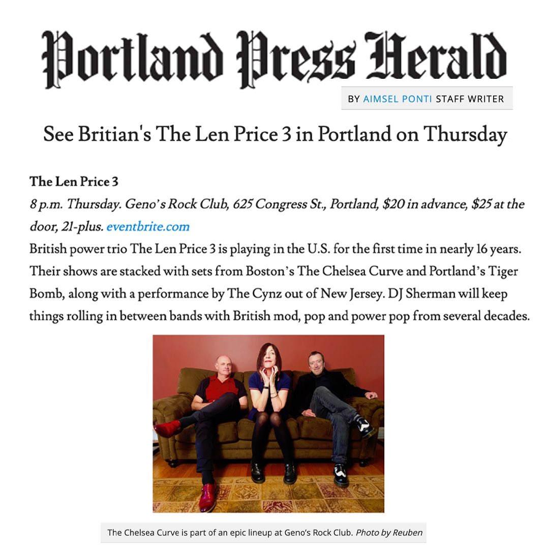 Thank you Aimsel Ponti at Portland Press Herald for the shoutout for this Thursday's show with The Len Price 3, Tiger Bomb, The Cynz, and DJ Sherman at Geno's Rock Club in Portland, ME! See ya on the dance floor! ZING! 💥 ❤️ 🎯