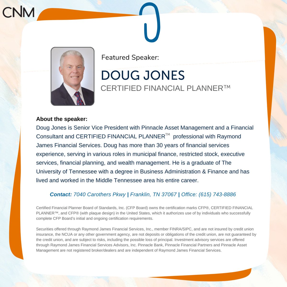 Join CNM for our CEO Conversation tomorrow as we discuss strategies to sustain your #nonprofits #financial future! Led by Doug Jones, CFP®, at Pinnacle Financial Partners, walk away with a game plan to turn your funds into mission-powered fuel. Register: bit.ly/3PZ5oDF