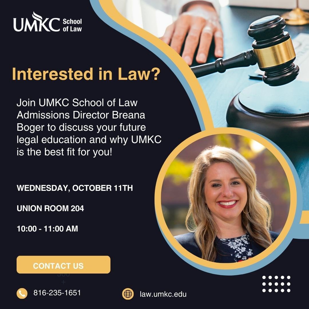 Stop by this Wednesday, before the Law Fair, to talk with the Admissions Director from UMKC School of Law!