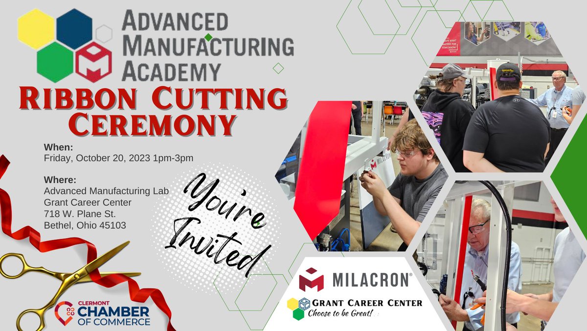 Mark your calendars for the official Ribbon Cutting Ceremony for the <a href="/Milacron/">Milacron</a> and <a href="/GrantCareer/">Grant Career Center</a>  Advanced Manufacturing Academy! 
 
#ProudlyClermont #AdvancedManufacturing #ShapeWhatMattersForTomorrow #Members