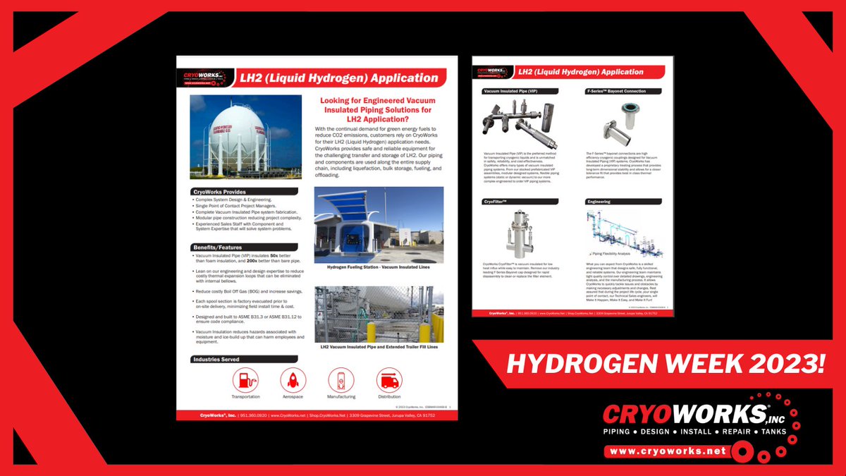 CryoWorksInc's tweet photo. Happy #HydrogenWeek from CryoWorks!
CryoWorks is proud to provide safe, and reliable equipment for the challenging transfer and storage of LH2. Learn more: https://t.co/T41uWhHfIa
#hydrogen #lh2 #liquidhydrogen #cleanenergy #vjpipe #engineering #cryoworks https://t.co/RLUUPDY5fL