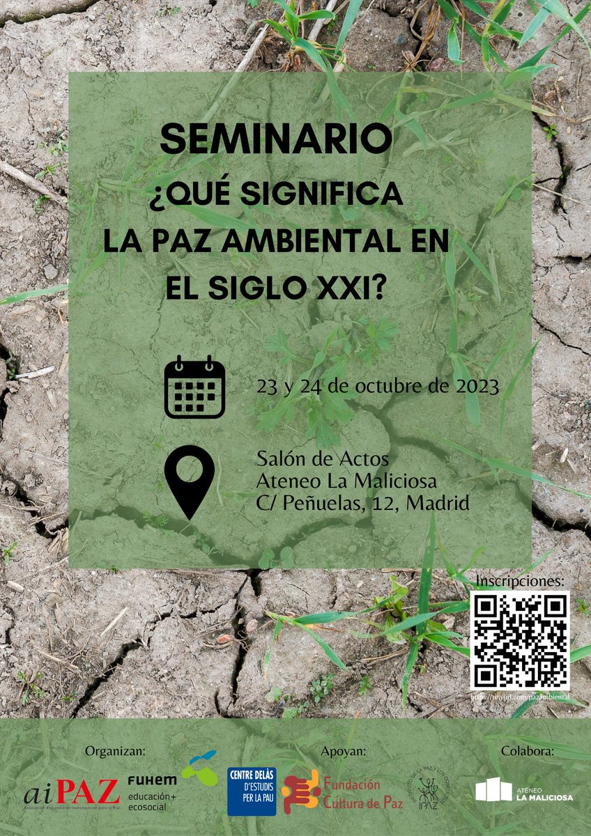 FuhemEcosocial's tweet photo. Seminario: 
¿QUÉ SIGNIFICA LA PAZ AMBIENTAL EN EL SIGLO XXI?

🗓️ 23-24 Oct
🏦 En @AteneoMaliciosa 
🖊️ Asistencia libre previa inscripción:  ➡️ https://t.co/IPf1m8jLsW  ⬅️

Organiza @aipaz_org @CentreDelas @IPAZGranada @FCulturadePaz y @FuhemEcosocial https://t.co/6X3biQJv6H https://t.co/11D0oTgliE