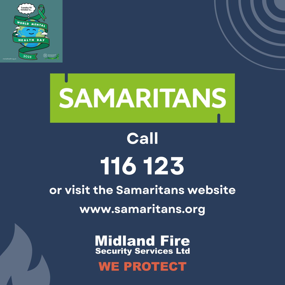 firedetection's tweet image. Today is World Mental Health Day. As you head home tonight dont forget that there are lots of places you can get support for your mental health if you are struggling.
#wmhd23 #mentalhealth #electricians #firealarms #gethelpnow #midlandfire
midlandfiresecurity.co.uk/latest-news/wo…
