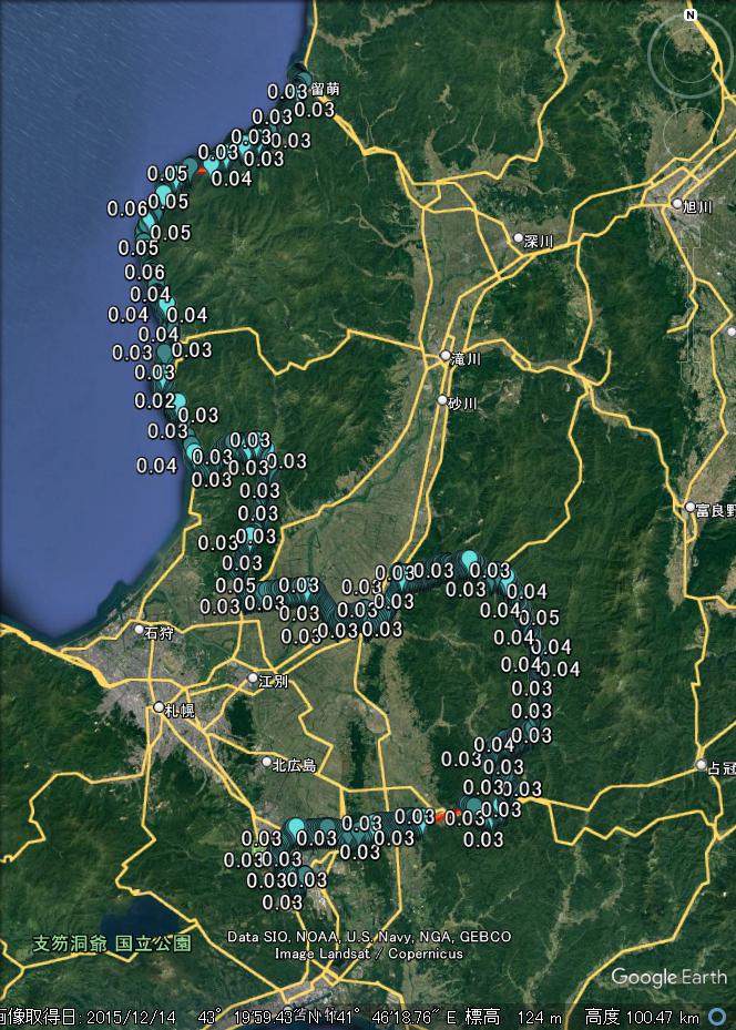 donbemin's tweet photo. 2023.10.10　留萌～千歳の路上線量。トンネルが多い区間は線量がちょっと上がる。 https://t.co/mriKAgYyjc