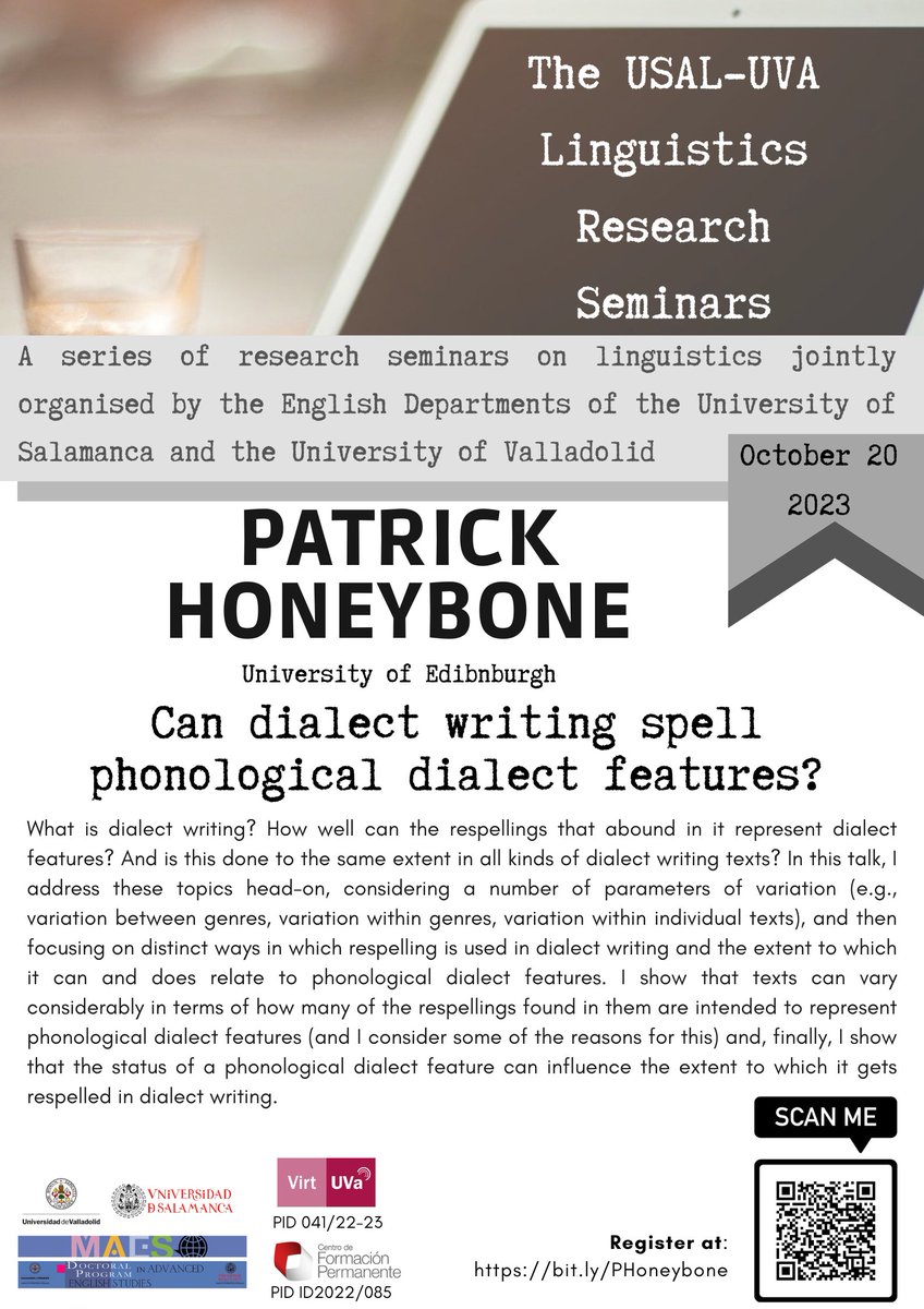 UsalUvaLingSem's tweet photo. The #UsalUvaLingSem will begin in 10 days!
🗣️The first talk is by #PatrickHoneybone on
✅Dialect writing
✅#Variation (individual, between & within genres)
✅ Phonological features & their respelling
🗓️online, Friday 20 October, 16:30
🕸️Sign up here: https://t.co/R5dSRsKZty
⬇️ https://t.co/YphjmWsmOV