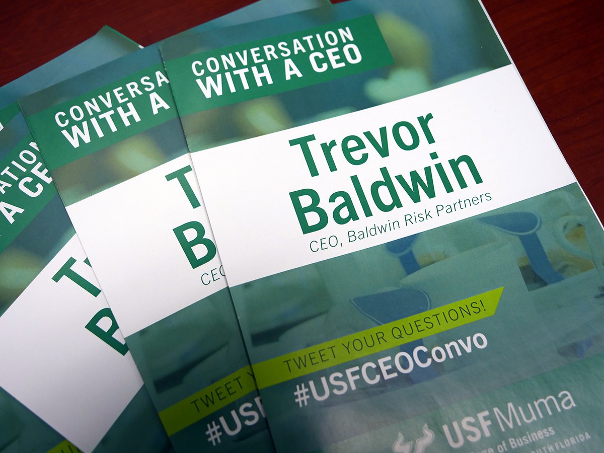 USFMuma's tweet photo. Today's Conversation with a CEO features Trevor Baldwin, the CEO and director of Baldwin Risk Partners. We are excited that he's going to share insights and career advice with our guests this morning. Tweet your questions using #USFCEOConvo. @BRP_Tweets https://t.co/kccHMKHvy7