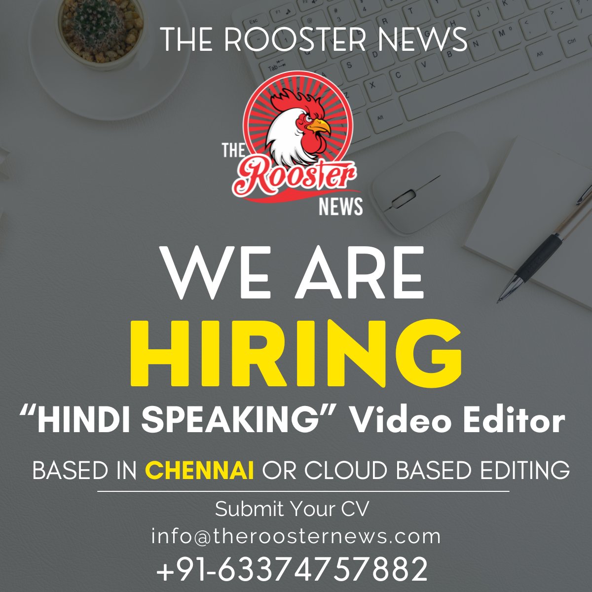 therooosternews's tweet photo. WE ARE HIRING , HINDI SPEAKING VIDEO EDITOR #theroosternews #jobsearch #jobsinindia #jobseekers #jobsinchennai #VideoEditing #videoeditorjob https://t.co/xgXf9J2rLr