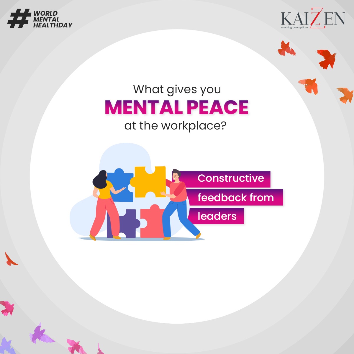 KaizzenComm's tweet photo. On #WorldMentalHealthDay, let us know what keeps your mind in a happy space at the workplace. Is it that 'good job' pat on the back from team leader or delivering a project within a deadline?
Let us know in the comments below.

#Kaizzen https://t.co/x11dsKBawn