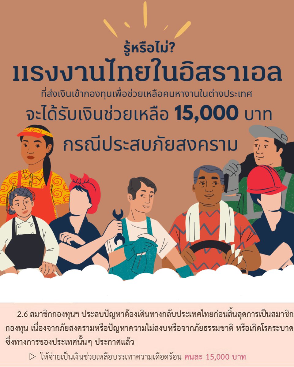 oonginlavender's tweet photo. 🚨ช่วยกันกระจายข่าวครับ #แรงงานไทยในอิสราเอล ที่ส่งเงินเข้า “กองทุนเพื่อช่วยเหลือคนหางานไปทำงานในต่างประเทศ” 400บาท หากเกิดภัยสงครามสามารถขอรับเงินช่วยเหลือ 15,000 บาทได้ โดยติดต่อได้ที่ สำนักงานจัดหางานทุกจังหวัด หรือสายด่วนแรงงาน +66 2059 1560 ครับ

#อิสราเอล
#คนไทยในอิสราเอล https://t.co/IVOZilXMES