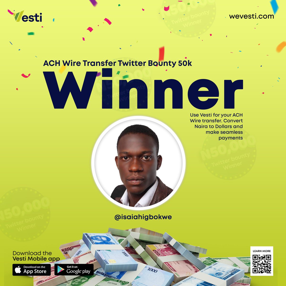 VestiOfficial's tweet photo. Congratulations @IsaiahIgbokwe on your win in our ACH Wires twitter bounty 🎉🎉🎉 

#vesti #vestified #migration #migrationfintech #twitterbounty #winner https://t.co/iys6ZudA86