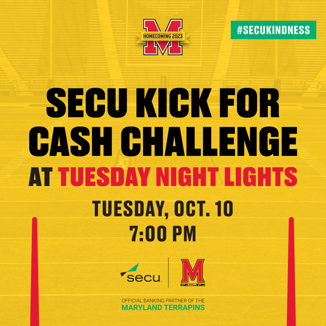 umterps's tweet photo. What an opportunity at #UMDHomecoming's Tuesday Night Lights!
One lucky Terp will have the chance to kick a 35-yard field goal to be the MVP in the @secuMD Kick for Cash $10,000 Field Goal Challenge!
Get the details: https://t.co/0ETFcB4OrX | #secukindness https://t.co/Q0DSX4QD4e
